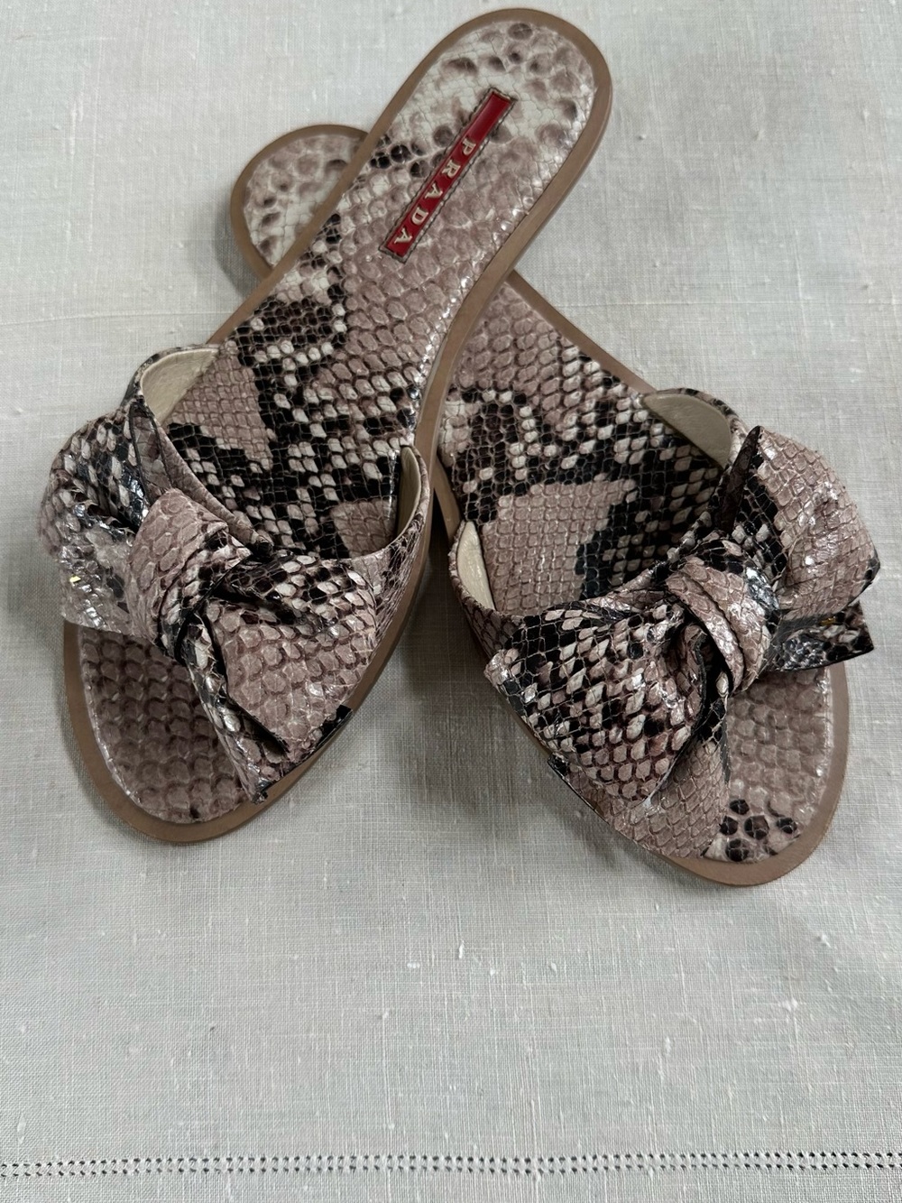 Prada St. Pitone Lux Slides Sandals 36.5 Snake Embossed Bow